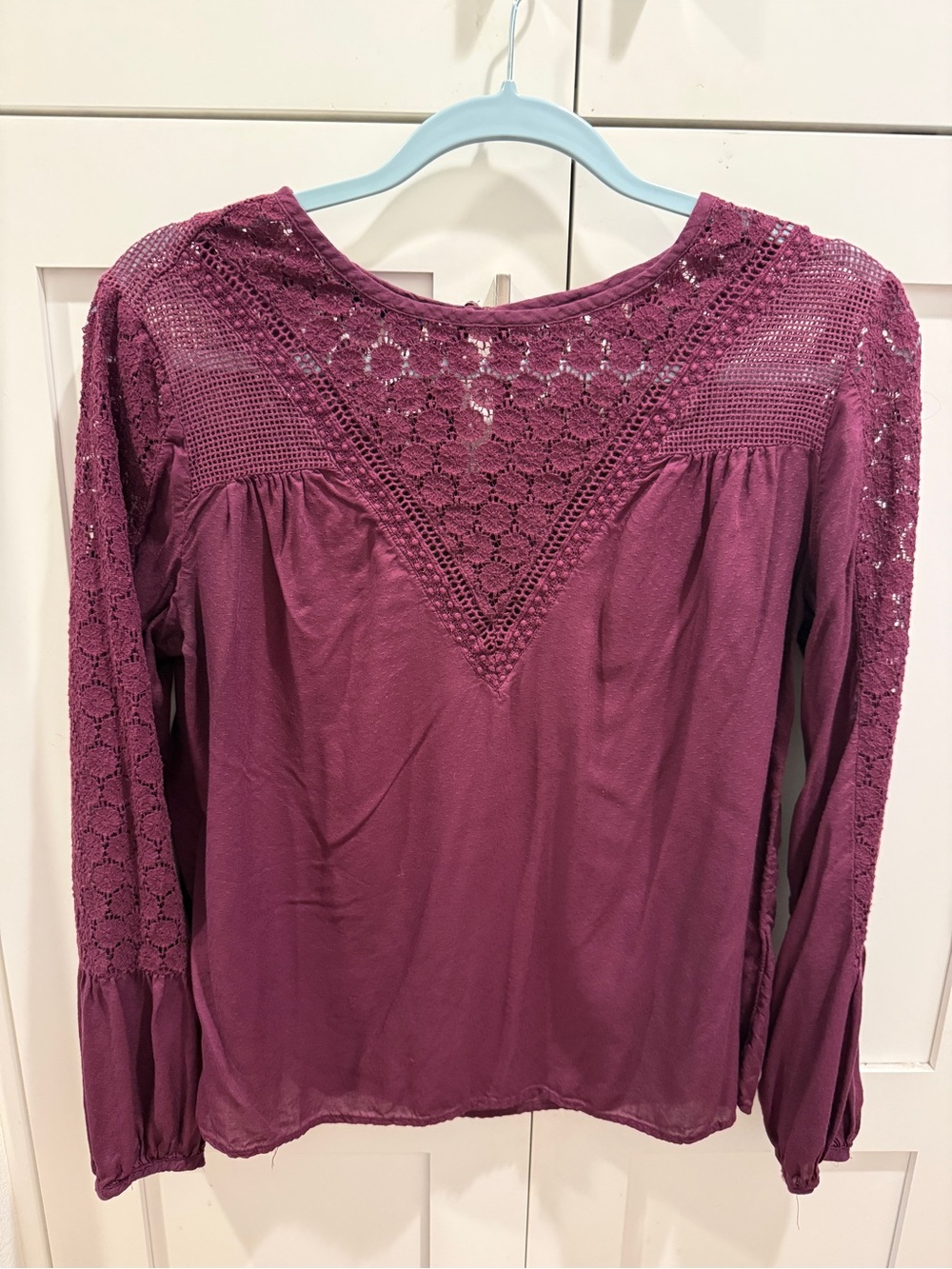 Women's Lace Yoke Long Sleeve Top - Plum
